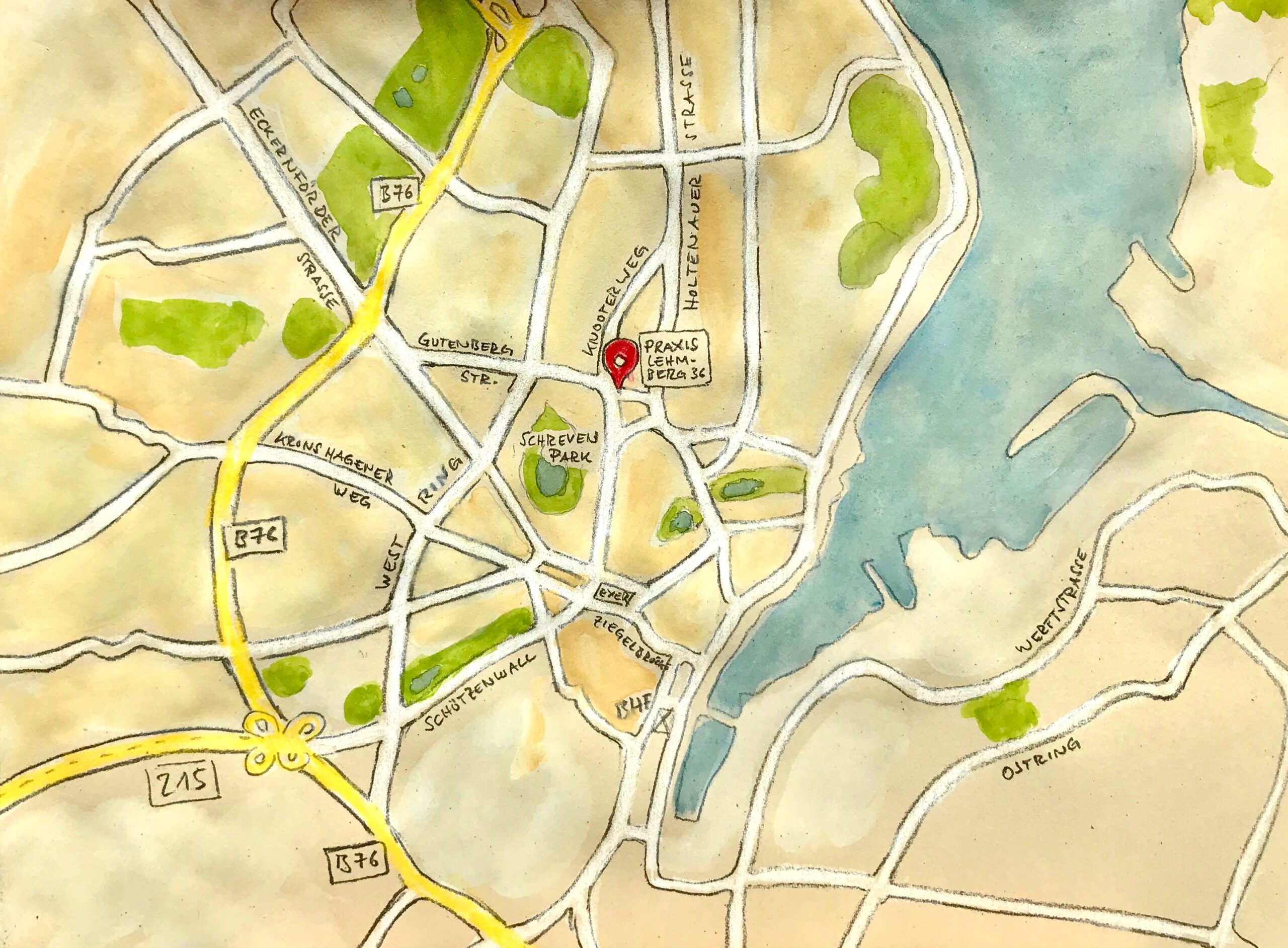 Eine handgezeichnete Karte für die Routenplanung. Die Praxis von Dr. Nina Jaenisch findet sich in zentraler Lage in Kiel, in unmittelbarer Nähe des Schrevenparks. Kontakt können Sie gerne über 0178-3396092 aufnehmen.